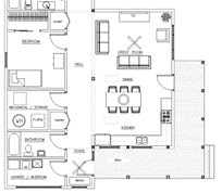 Architectural floor plan of a two-bedroom residential unit with designated living, dining, kitchen, and utility spaces.