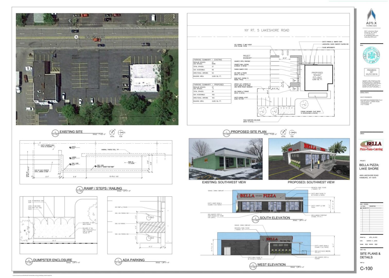 Site development plans and architectural drawings for a commercial building renovation.