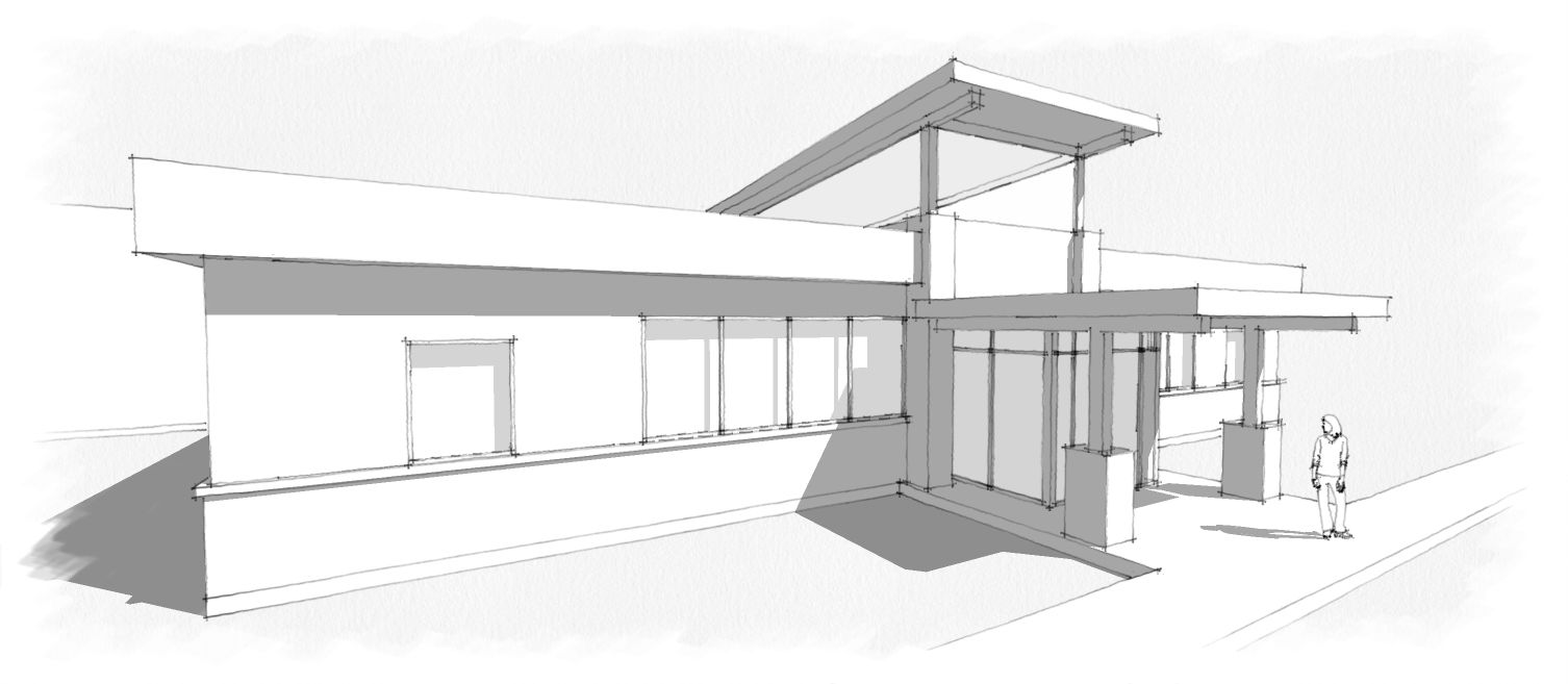 Architectural sketch of a modern single-story building with a person standing in front.