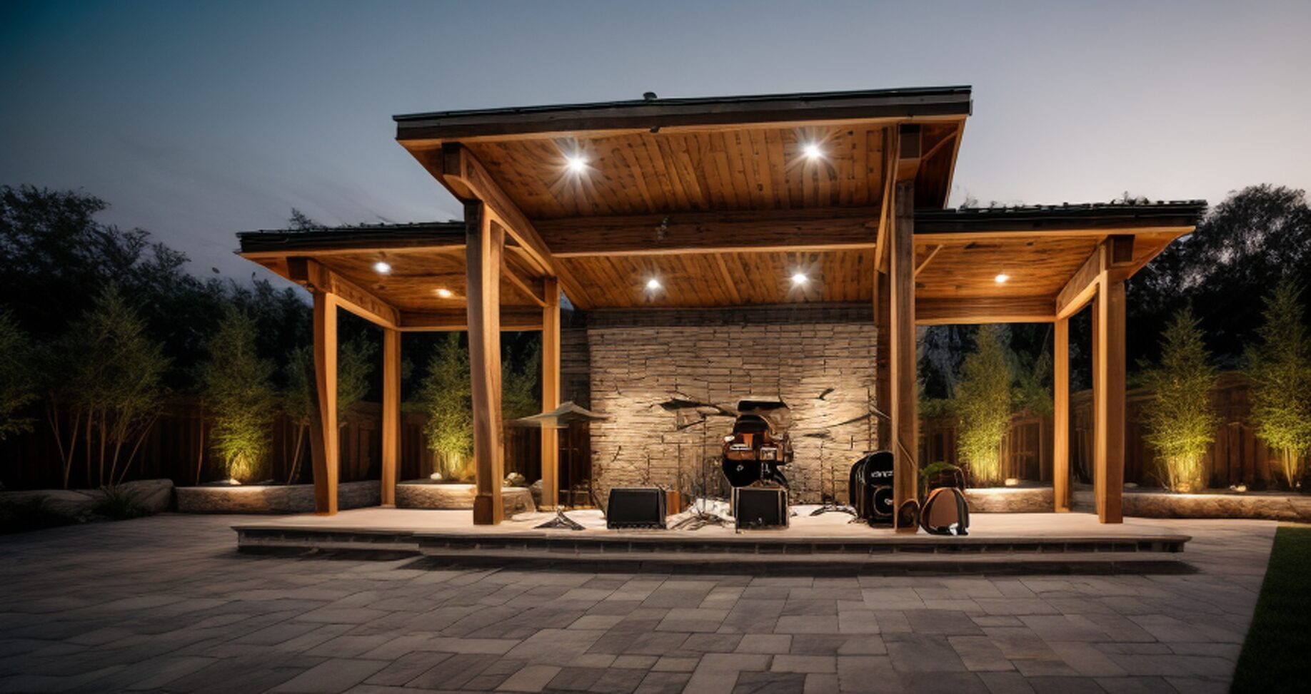 Outdoor stage set up with musical instruments at night, illuminated by overhead lighting.