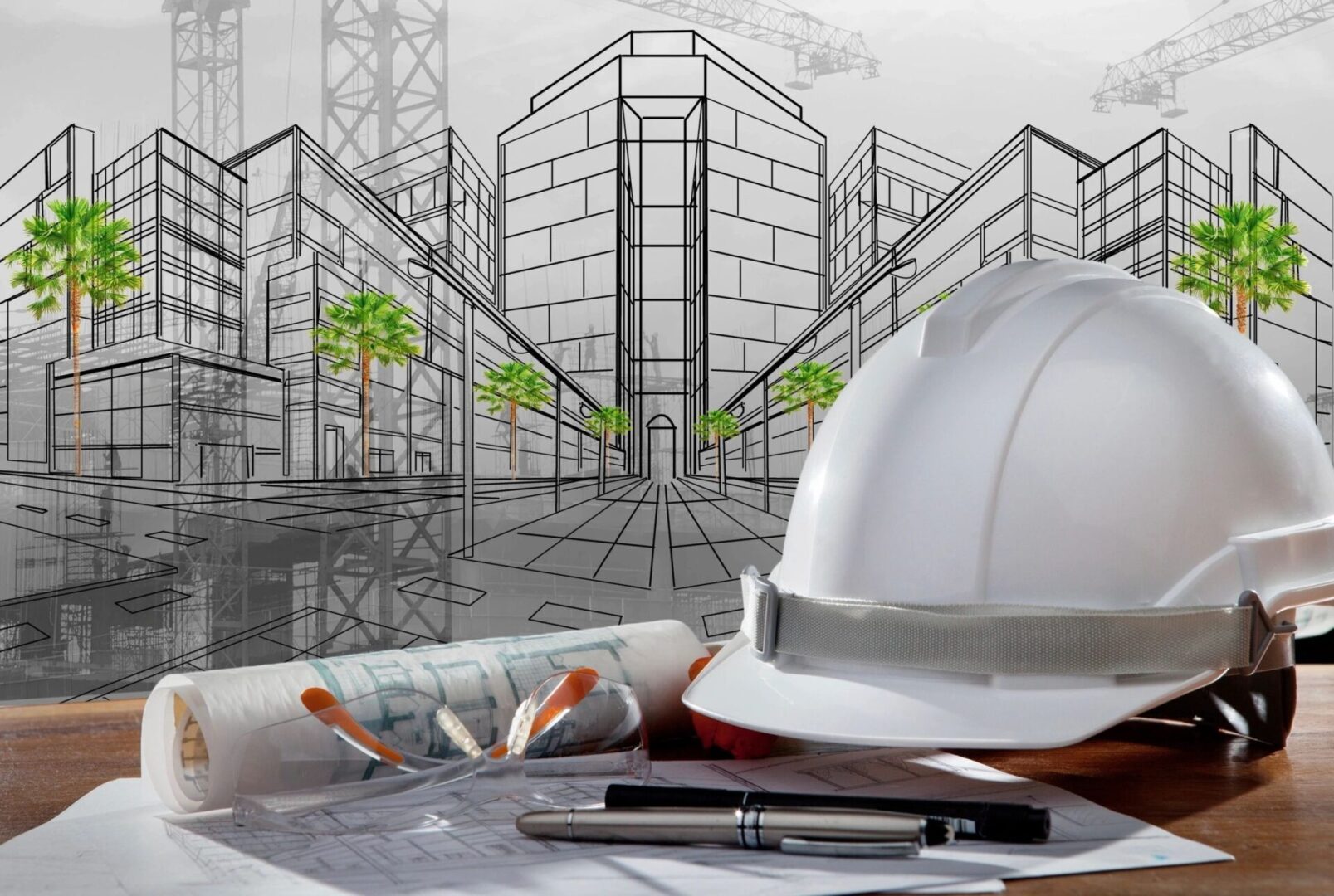 Conceptual image of urban architectural planning with blueprints, hardhat, and drawing tools, superimposed on a sketched cityscape background.