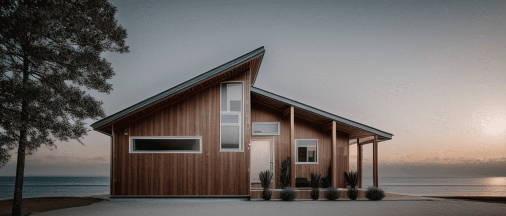 Modern wooden house on a beachfront at sunset.