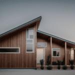 Modern wooden house on a beachfront at sunset.