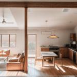 Modern open-plan living space with kitchen, dining, and sitting areas bathed in natural light.