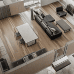 Modern open-plan living room with minimalist furniture and large windows.