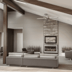 Modern living room with neutral tones, featuring a sectional sofa, fireplace, and wooden ceiling beams.