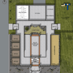 Floor plan of a single-story educational facility featuring a main entrance, reception, multi-purpose room, classrooms, offices, kitchen, storage, mechanical room, restrooms, and courtyard, with a playground fixture outside.