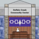 Illustration of the facade of the buffalo creek community center with a reception desk and signage.