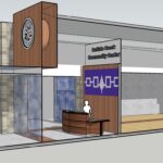 Architectural rendering of a modern commercial building entrance with two people.
