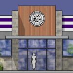Architectural rendering of a modern building facade with large windows, a central emblem, and landscaping.