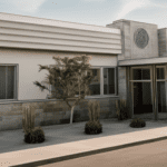 Modern single-story building with a flat roof and geometric design, featuring a central entrance with glass doors.