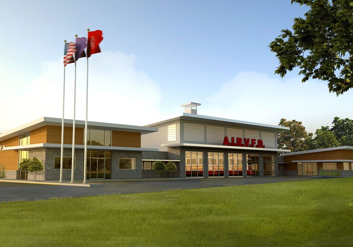 A rendering of the front entrance to the alena fire station.
