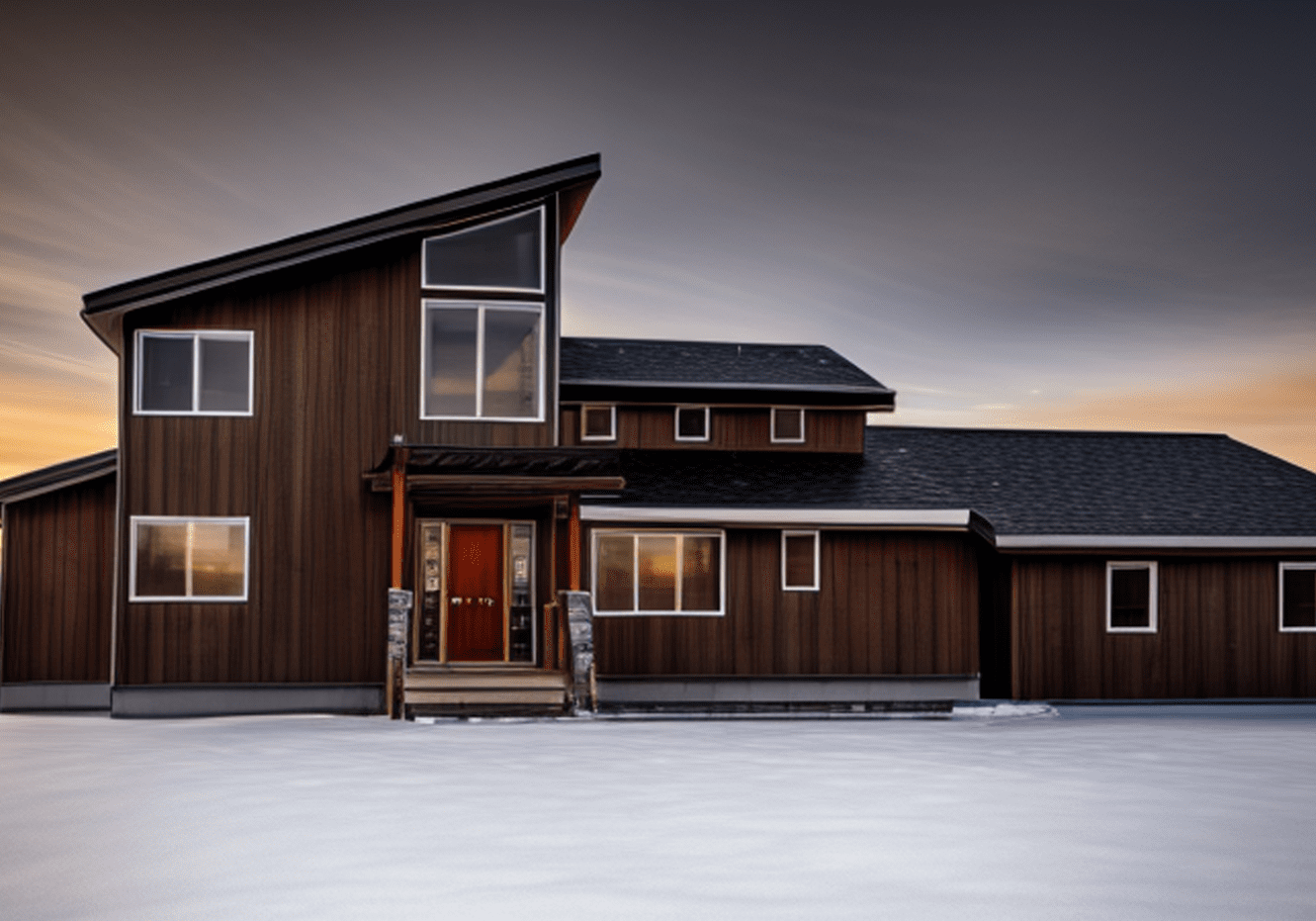 Modern wooden house at twilight with snow-covered ground and dramatic sky.