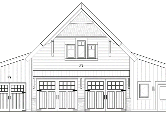 Architectural drawing of a front elevation of a house with a gabled roof and a three-car garage.