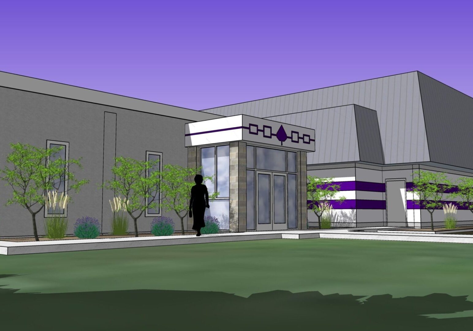 Digital rendering of a modern commercial building with a person entering the glass door entrance.